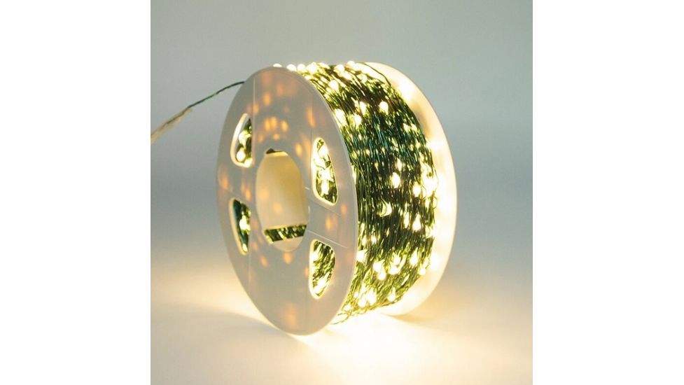 Гірлянда роса на котушці 500-1000Led 50-100м зелений провід+пульт, теплий білий