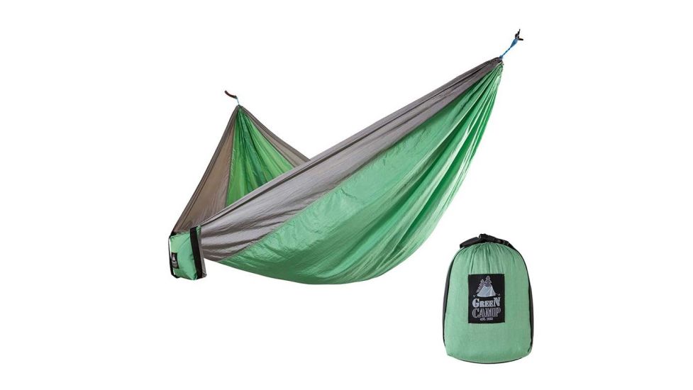 Гамак GreenCamp CANYON, 310*220 см, парашутний шовк, сірий/зелений, кріплення, до 180кг.